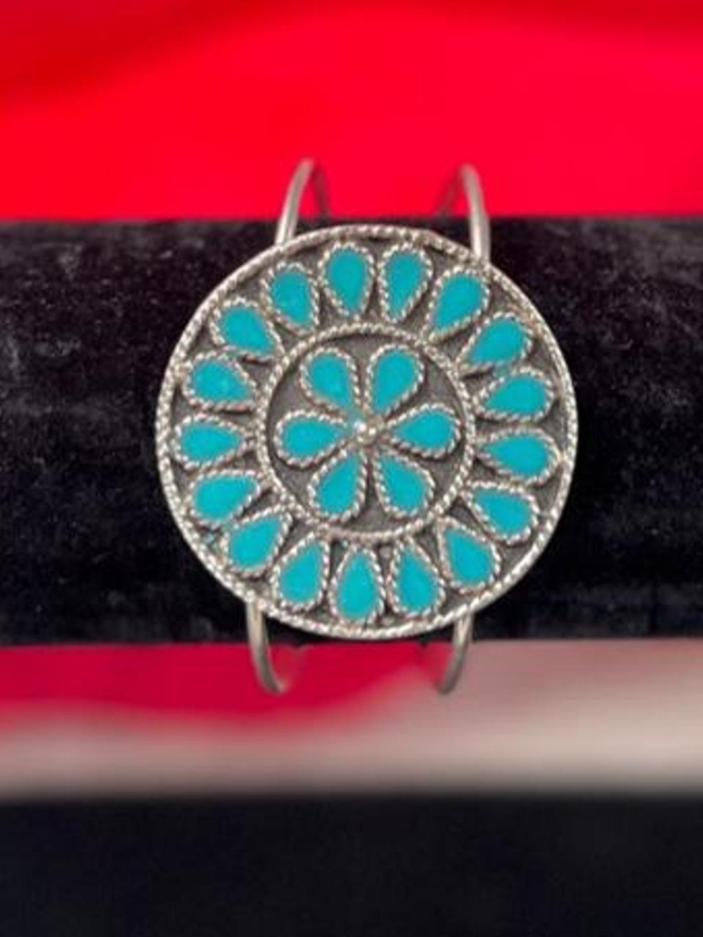 Silver tone cuff bangle bracelet with turquoise color inlay
